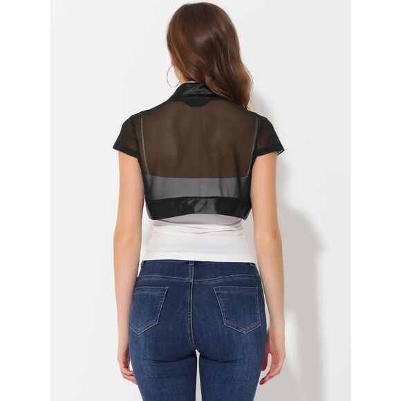 Satin Shrug Bolero Cap Sleeve Open Front Mesh Crop Cardigan Black - Picture 4 of 5